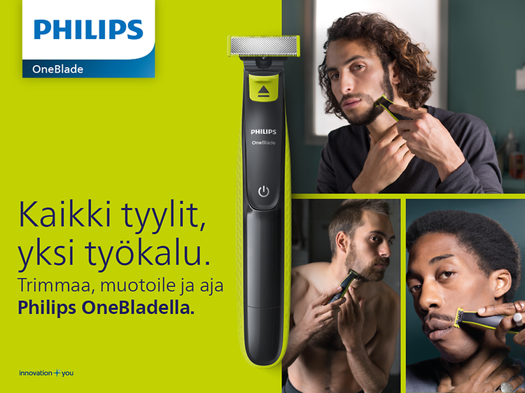 Erilaisia kuvia miehistä trimmaamassa ja partaa ajamassa Philips OneBladen avulla