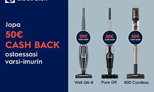 Electrolux Cashback-kampanja 2022 sekä kolme erilaista Electrolux-varsi-imurimallia