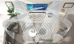 Samsung - Olohuone ylhäältä kuvattuna sekä ääniaaltoja ympäri huonetta
