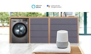 Google Nest Home standing in the foreground with a washingmachine in the background (1)