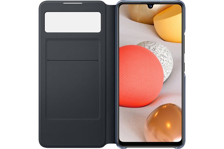 Samsung-puhelin suojakuoressa, jonka kansi avattuna puhelimen sivulle