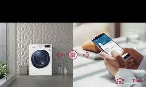 Two sided image with LG washer on the one side and a hand holding a phone on the other side (1)