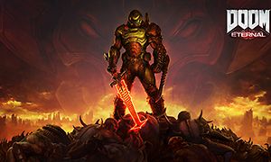 Kuvakaappaus Doom Eternal -pelistä, jossa haarniskaan pukeutunut hahmo pitelee hehkuvaa miekkaa kädessään