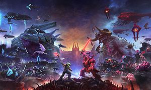 Kuvakaappaus Doom Eternal -pelistä, jossa kaksi hahmoa taistelevat keskenään