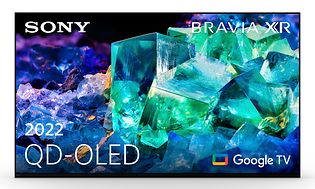 Sony Bravia A95K QD OLED-TV, jonka näytöllä kuvia sinisen ja vihreän sävyssä hehkuvasta kristallista