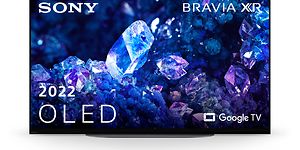 Sony Bravia A90K OLED TV, jonka näytöllä näkyy sinisiä ja violetteja kristalleja