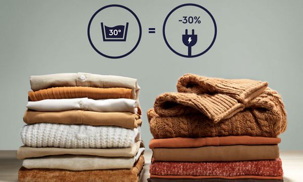 Two piles of clothes illutrating how if you wash at 30 degrees you save power (1)