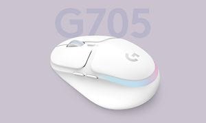 Logitech G705 -pelihiiren tuotekuva ja mallin numero violettia taustaa vasten