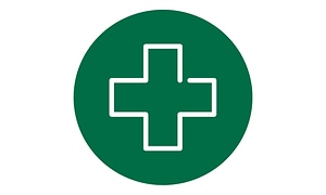 Huolto ja tuki -symboli, jossa valkoisella kuvitettu plussan merkki vihreällä taustalla