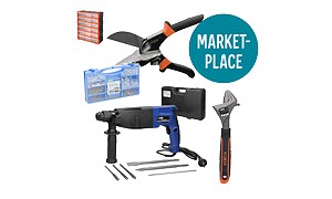 Valikoima erilaisia työkaluja ja Marketplace-logo