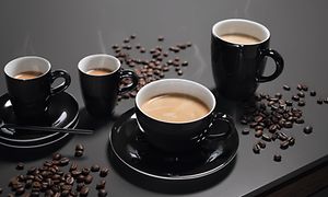 Miele - Kahvinkeittimet - Neljä kahvikuppia pöydällä kahvipapujen kanssa