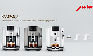 Jura E8 Moonligth silver, Dark Inox jaPiano White, kak´si kahvikuppia ja teksto 'Pleasure, variety and luxury in perfection'