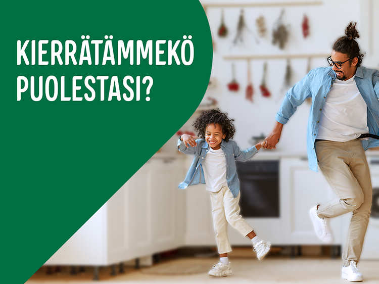 Kierrätys- Mies ja poika juoksevat vihreällä taustalla