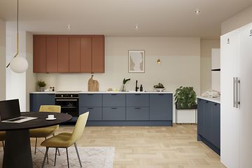 EPOQ - K29 - Kitchen - Trend BlueGrey - Blue - Sienna - Orange - Black Handles - White Laminate Worktop - Black Tap - Table