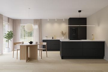 Moderni avokeittiö, jossa Epoq Pure Matt Black -keittiökaapistot valkoisilla työtasoilla, kullan värinen tiskiallas ja hana