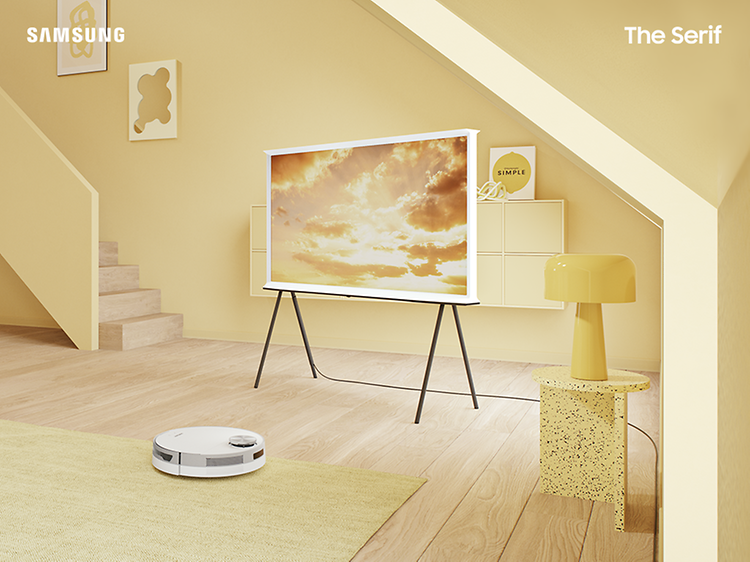 Samsung - Serif TV ja Jet bot -robotti-imuri olohuoneessa - Serif-kampanjabanneri