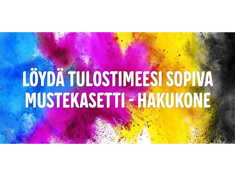 Löydä tulostimeesi sopiva mustekasetti-hakukone teksti värikkäällä taustalla