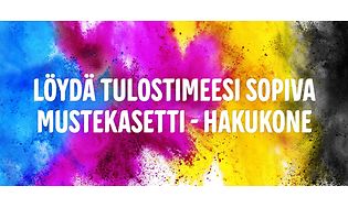 Löydä tulostimeesi sopiva mustekasetti-hakukone teksti värikkäällä taustalla