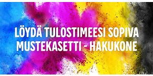 Löydä tulostimeesi sopiva mustekasetti-hakukone teksti värikkäällä taustalla