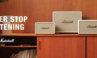 Marshall - Yläbanneri sekä teksti 'Never stop listening'