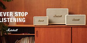 Marshall - Yläbanneri sekä teksti 'Never stop listening'