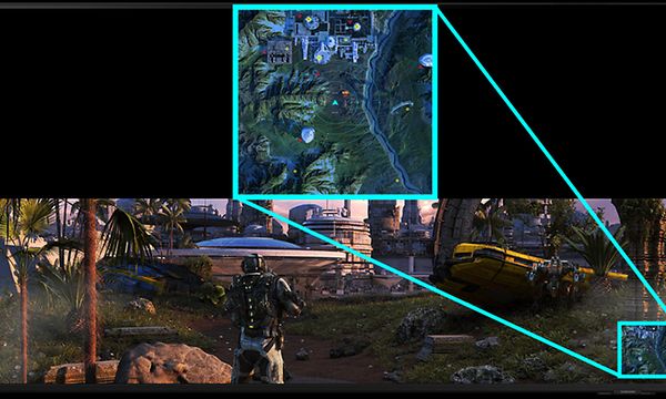 Samsung Neo QLED -pelitelevisio, joka näyttää videopelin Super Ultrawide Game View -näkymällä
