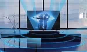 Sound Field Optimization kuvitettuna sinisinä ääniaaltoina television ympärillä