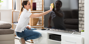 Television näytön puhdistaminen mikrokuituliinalla.