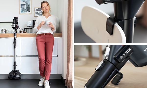 Helposti pysäköitävissä oleva Bosch-pölynimuri ja nainen sen vieressä nojaamassa lipastoon