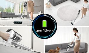 Collage of Samsung Jet vacuum cleaners performing up to 40 minutes cleaning
