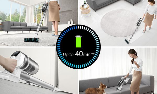 Collage of Samsung Jet vacuum cleaners performing up to 40 minutes cleaning