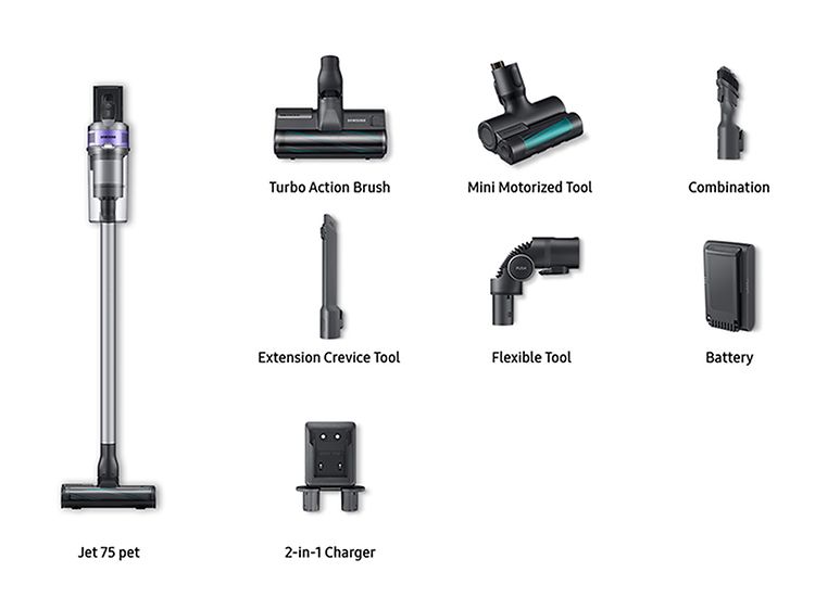 Samsung Jet -varsi-imuri ja pakkaukseen sisältyvät lisätarvikkeet