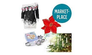 Jouluisia tuotteita, kuten joulutähti, neule, kuusen kynttilät ja piparkakkumuotteja sekä teksti Marketplace