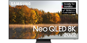 Samsung Neo QLED 8K TV, jonka näytöllä syksyinen järvimaisema ja metsää