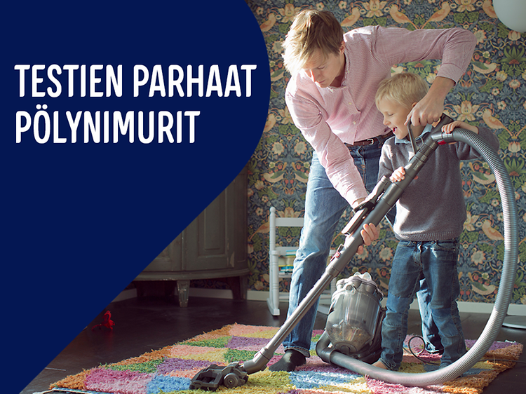 Mainoskuvassa henkilö imuroi värikasta mattoa sekä teksti; Testien parhaat pölynimurit