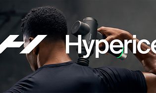 Man using a Hyperice Hypervolt massage gun and the Hyperice logo