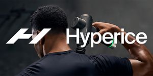 Man using a Hyperice Hypervolt massage gun and the Hyperice logo