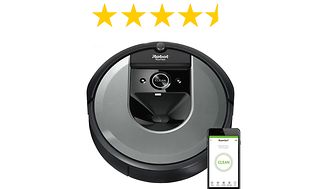 Harmaa Roomba iRobot, vieressä puhelin ja yllä 4 ja puoli tähteä