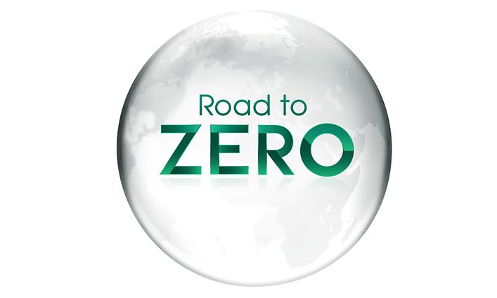 Kestävä kehitys -teema, harmaa maapallo ja teksti 'Road to Zero '