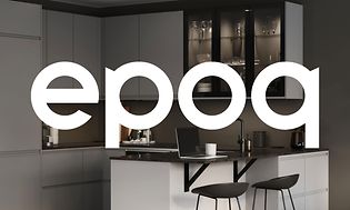 Harmaa Epoq Integra -keittiö ja epoq-logo kuvan yllä valkoisin kirjaimin