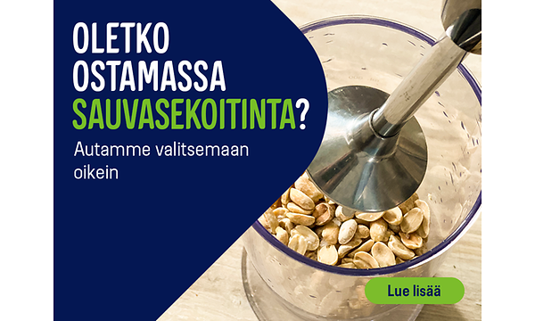 Mainoskuva, jossa teksti; Oletko ostamassa sauvasekoitinta? Autamme valitsemaan oikein