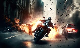 Vauhdikas elokuvan takaa-ajokohtaus, jossa moottoripyörä pakenee poliisia kaupungissa