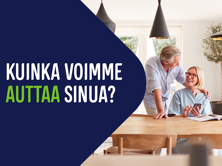 Pariskunta katsoo toisiaan hymyillen ja kuvan vieressä teksti "Kuinka voimme auttaa sinua?"