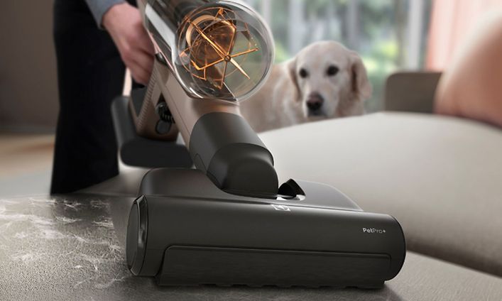 Electrolux - Johdoton varsi-imuri - Henkilö imuroimassa ja koira taustalla