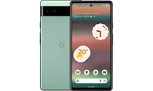 Google Pixel 6a -puhelin kuvattuna edestä ja takaa