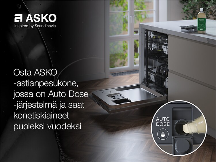 ASKO Auto Dose -kampanja: Osta ASKO-astianpesukone, jossa on Auto Dose -järjestelmä – saat konetiskiaineet puoleksi vuodeksi