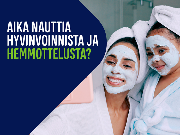 Mainoskuvassa äiti ja tytär kylpylässä sekä tietoa Gigantin palveluista terveys- ja hyvinvointituotteille