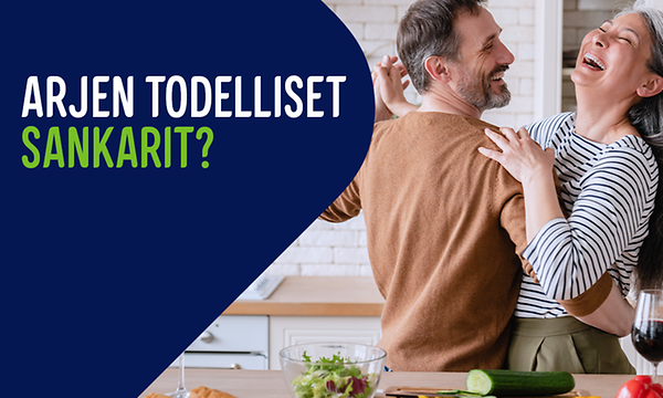 Mainoskuvassa iloisesti tanssiva pariskunta ja tietoa Gigantin kodinkonepalveluista