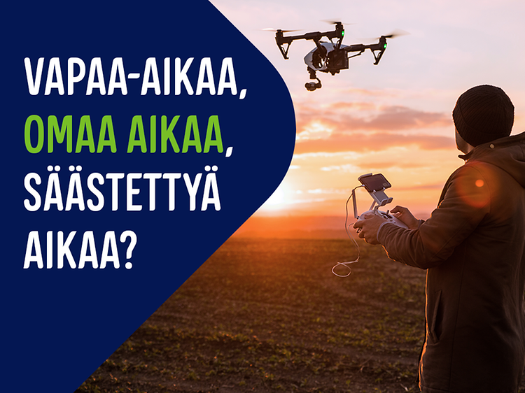 Mainoskuvassa mies lennättää dronea ulkona ja tietoa Gigantin urheilu- ja vapaa-ajantuotteiden palveluista