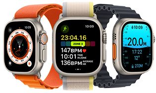 Kolme Apple Watch Ultra -kelloa, joiden ruuduilla näkyy eri treenitoimintoja